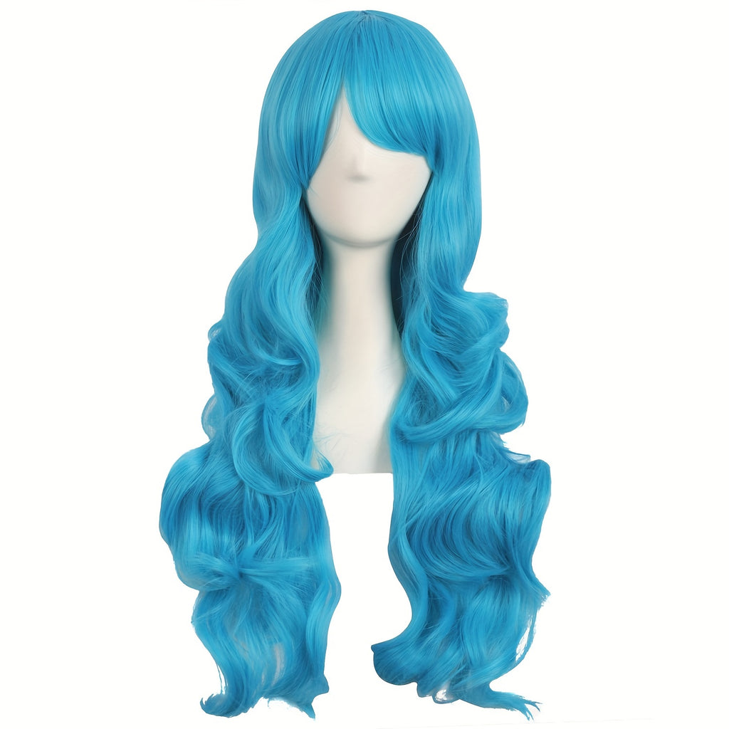 28" Long Curly Wig – Synthetic, Heat-Resistant, Side Bangs