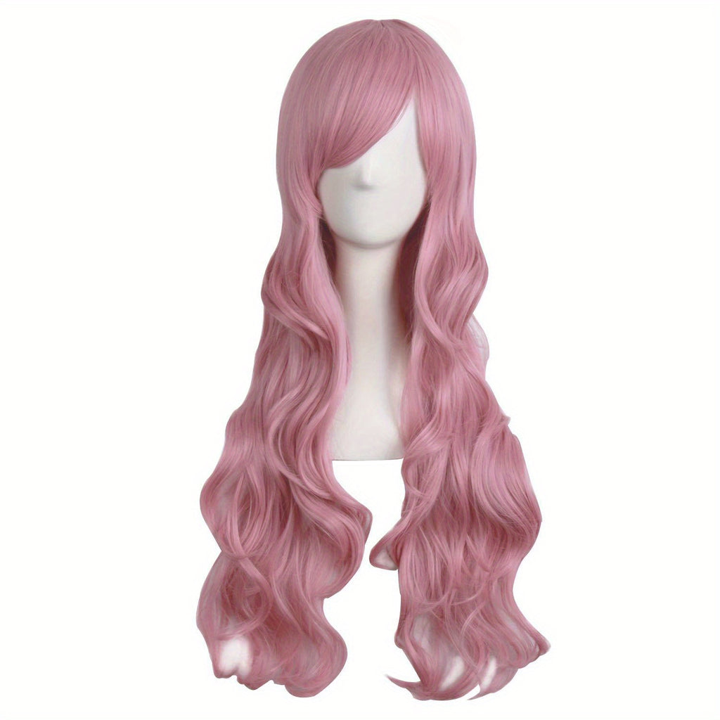 28" Long Curly Wig – Synthetic, Heat-Resistant, Side Bangs