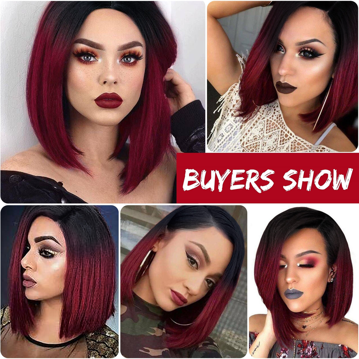 Black to Red Ombre Bob Wig – Heat-Resistant, Side Part, Natural Look
