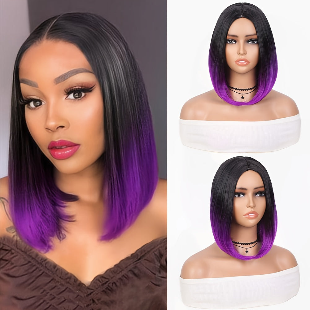 Black to Red Ombre Bob Wig – Heat-Resistant, Side Part, Natural Look