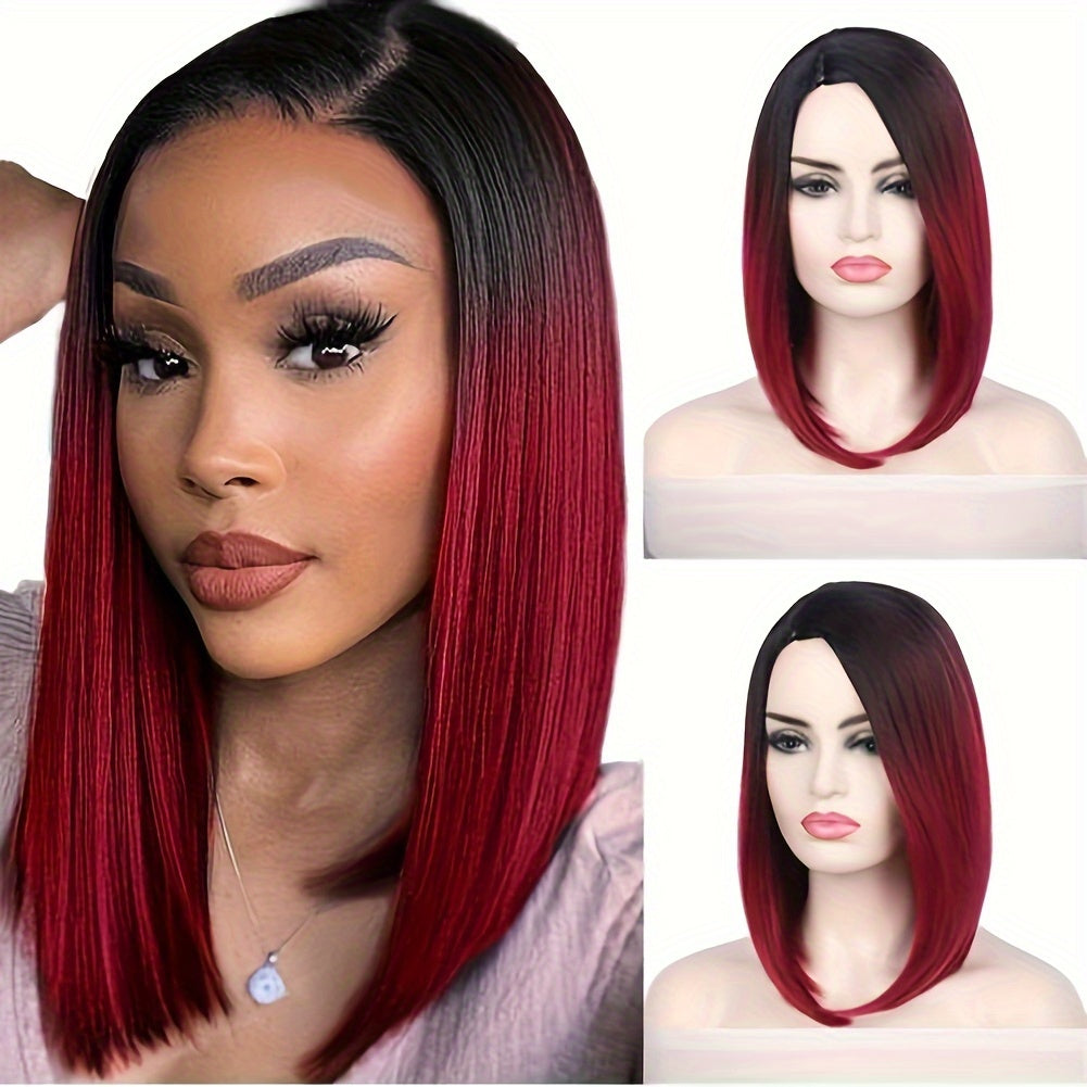 Black to Red Ombre Bob Wig – Heat-Resistant, Side Part, Natural Look