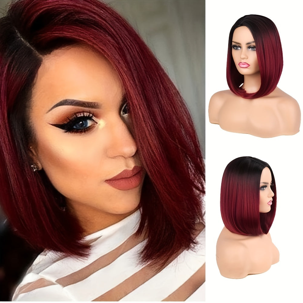 Black to Red Ombre Bob Wig – Heat-Resistant, Side Part, Natural Look