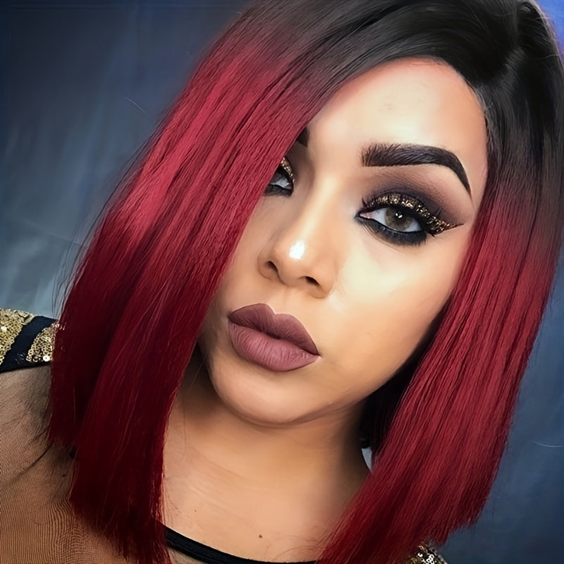 Black to Red Ombre Bob Wig – Heat-Resistant, Side Part, Natural Look