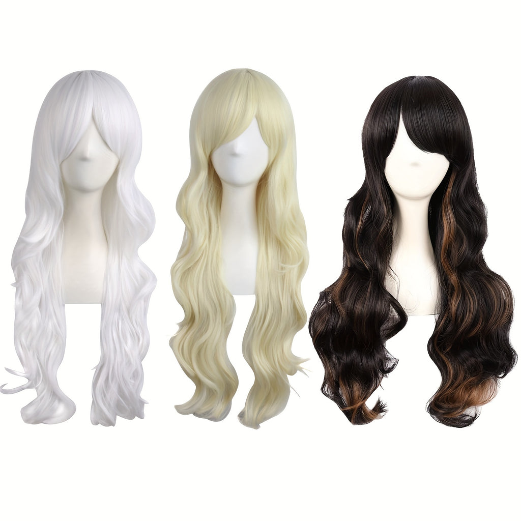 28" Long Curly Wig – Synthetic, Heat-Resistant, Side Bangs