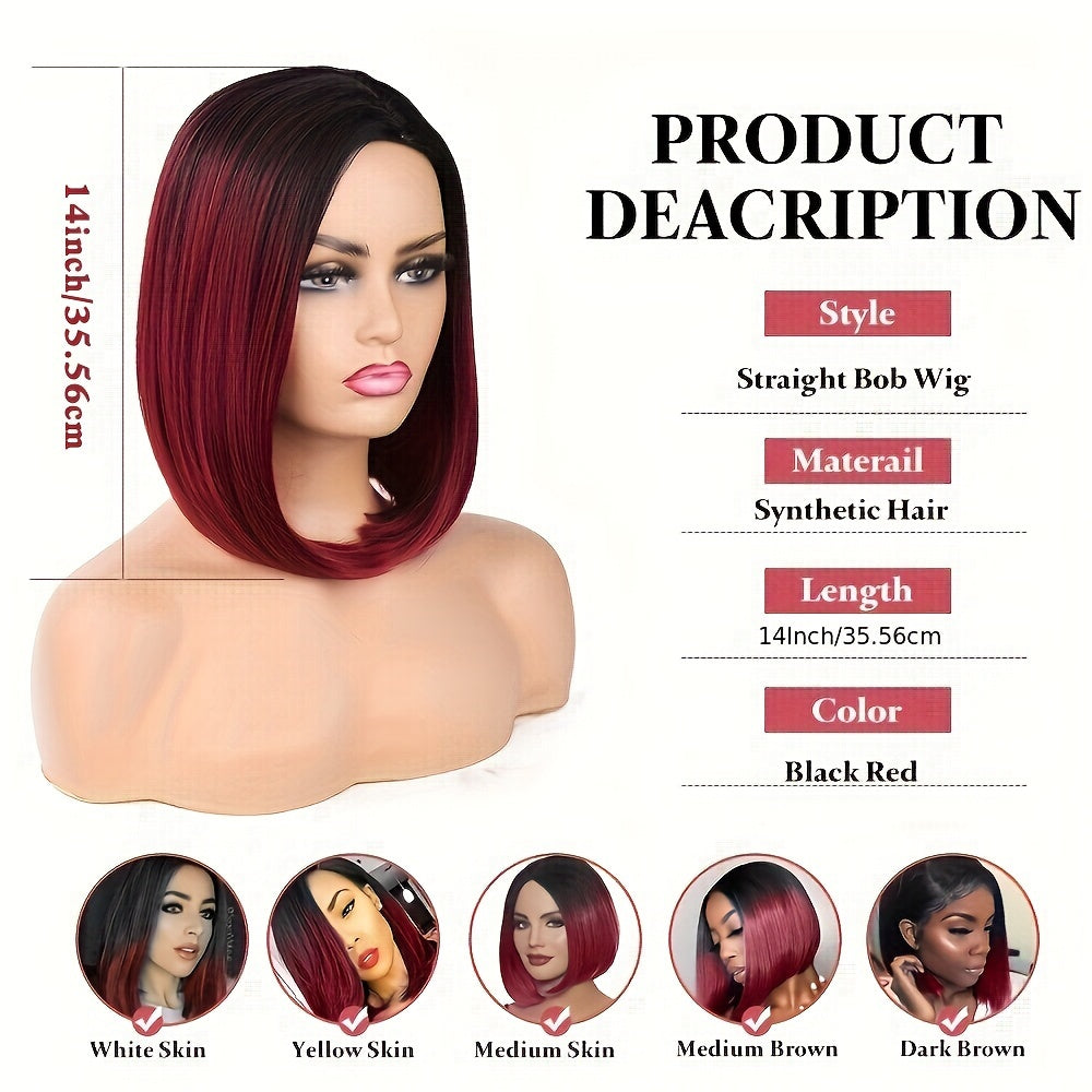 Black to Red Ombre Bob Wig – Heat-Resistant, Side Part, Natural Look