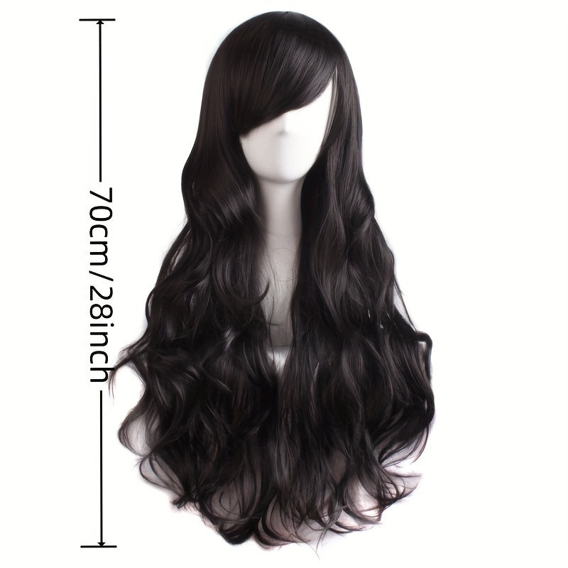 28" Long Curly Wig – Synthetic, Heat-Resistant, Side Bangs