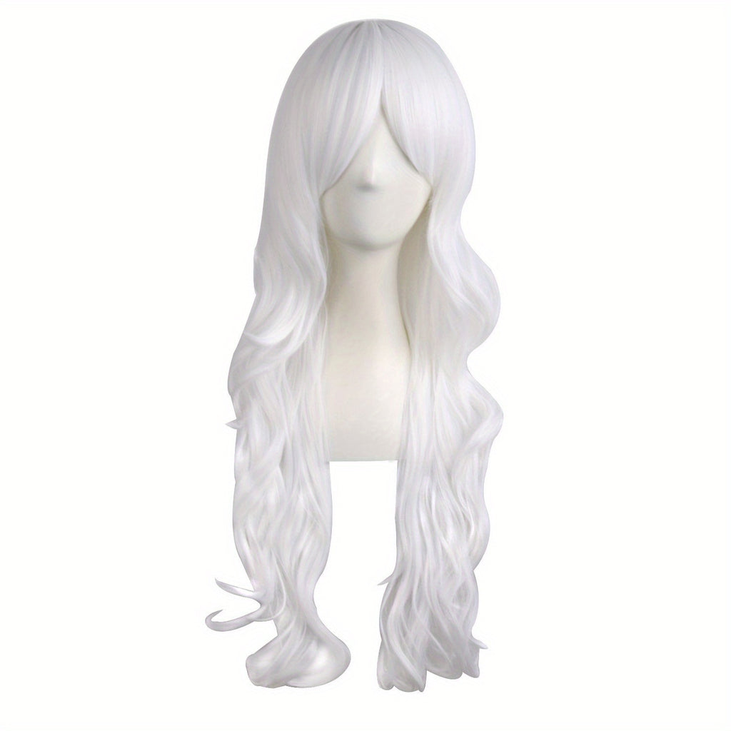 28" Long Curly Wig – Synthetic, Heat-Resistant, Side Bangs