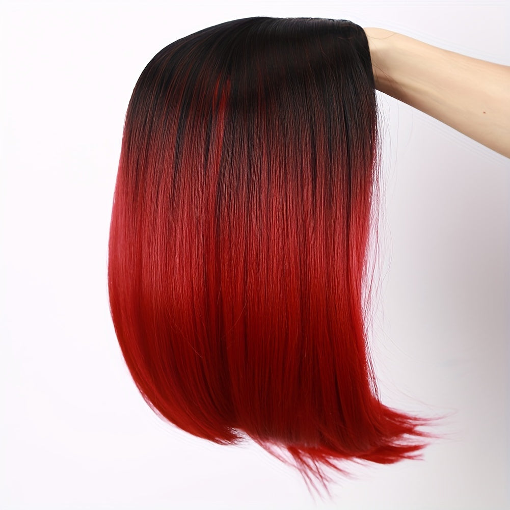 Black to Red Ombre Bob Wig – Heat-Resistant, Side Part, Natural Look