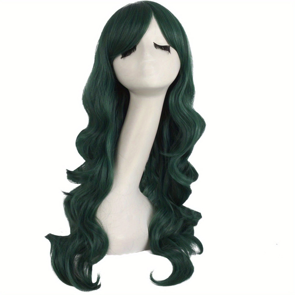 28" Long Curly Wig – Synthetic, Heat-Resistant, Side Bangs
