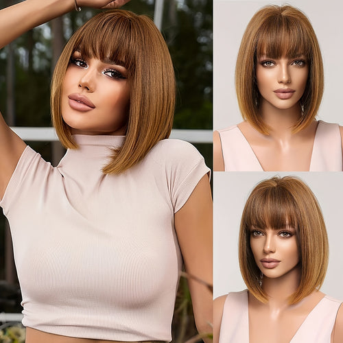 12" Brown Straight Bob Wig with Bangs – Heat-Resistant Synthetic