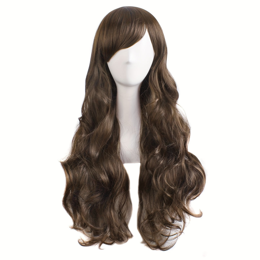 28" Long Curly Wig – Synthetic, Heat-Resistant, Side Bangs