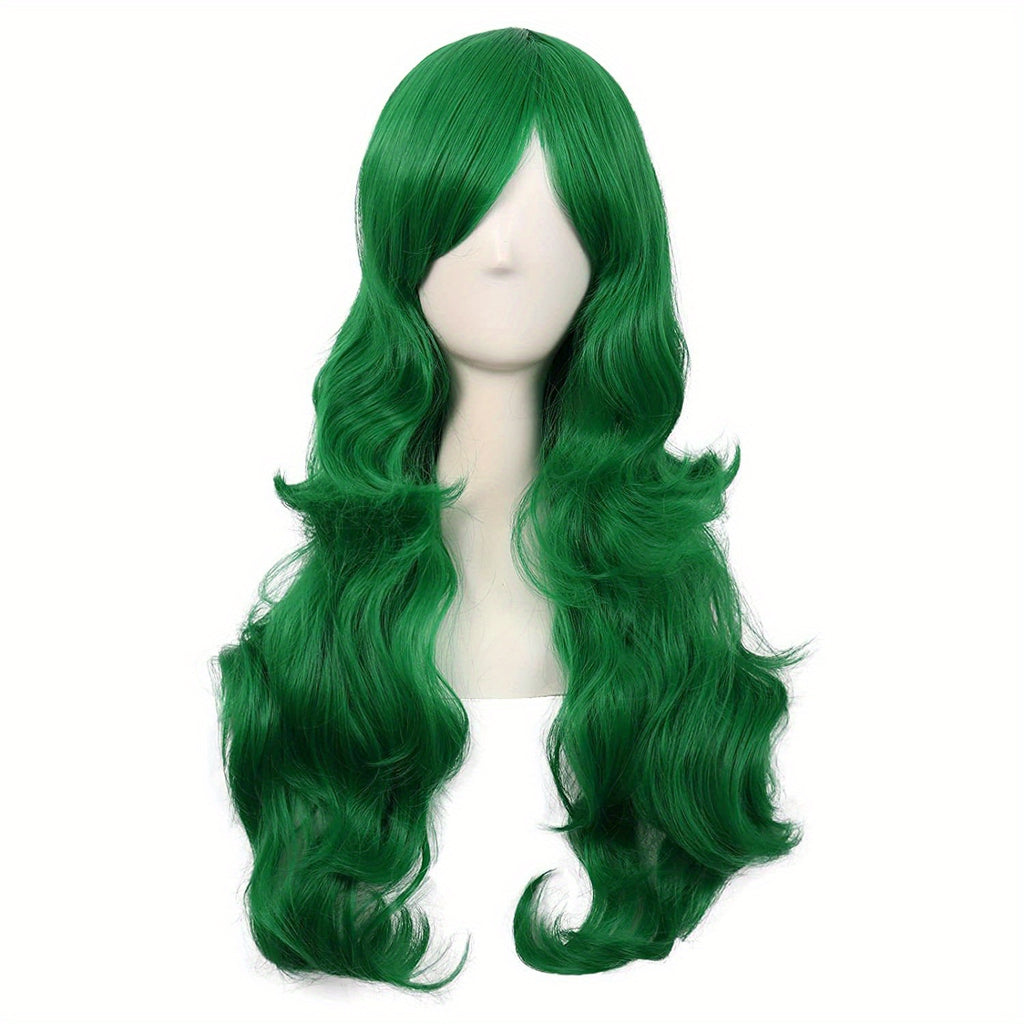 28" Long Curly Wig – Synthetic, Heat-Resistant, Side Bangs