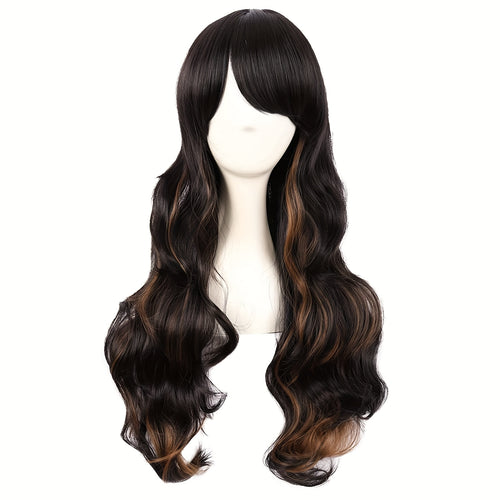 28" Long Curly Wig – Synthetic, Heat-Resistant, Side Bangs
