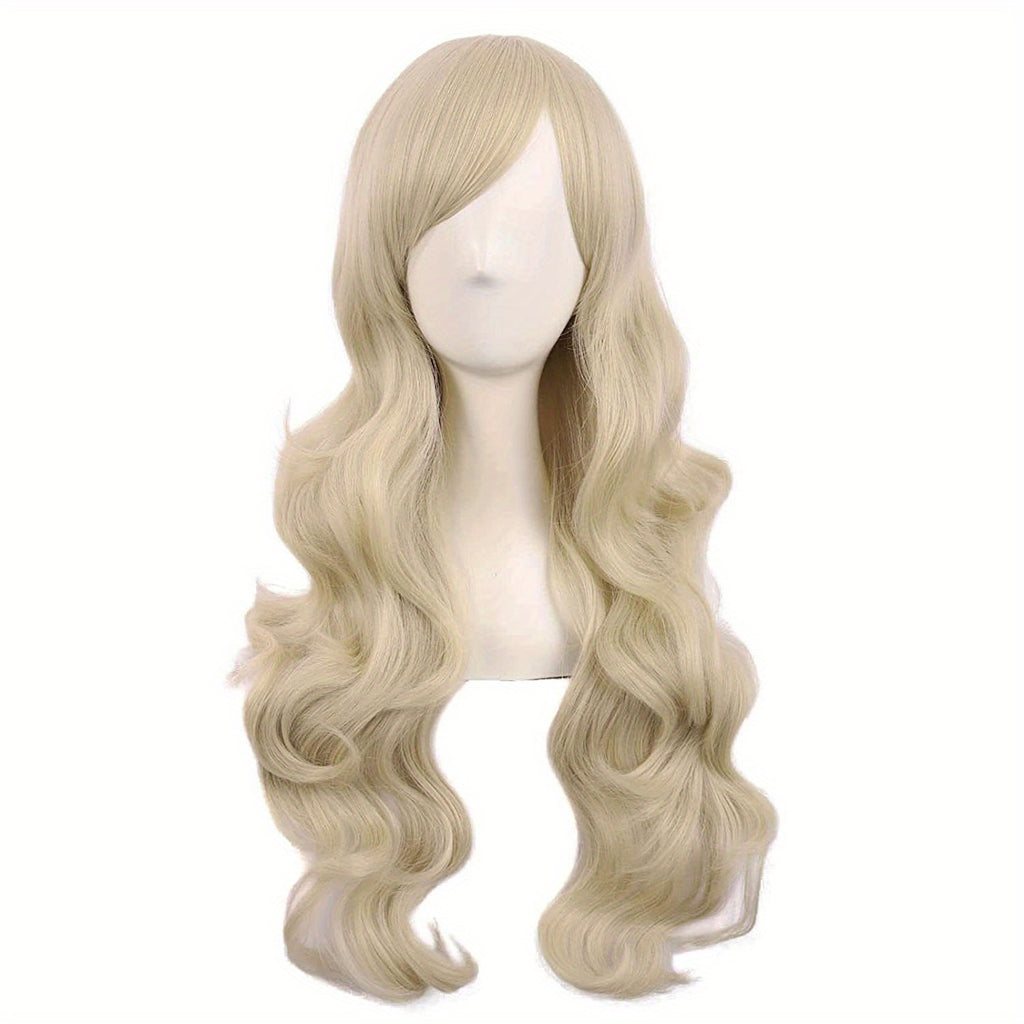 28" Long Curly Wig – Synthetic, Heat-Resistant, Side Bangs